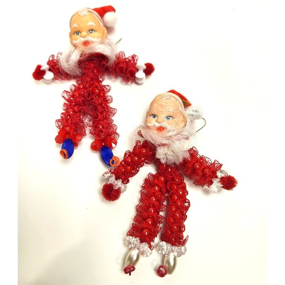 Vintage Beaded Santa Claus Ornaments 2 Retro Hand Made Rubber Face MCM - Picture 1 of 4